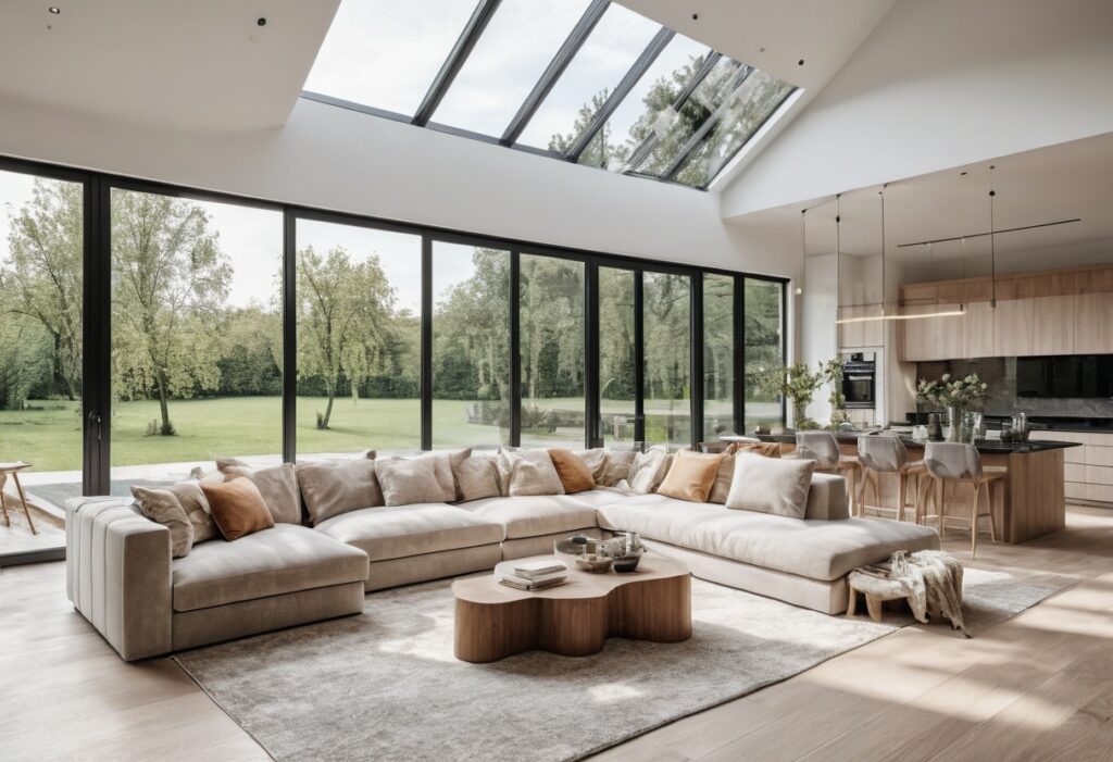 Bright open-plan home interior with large windows